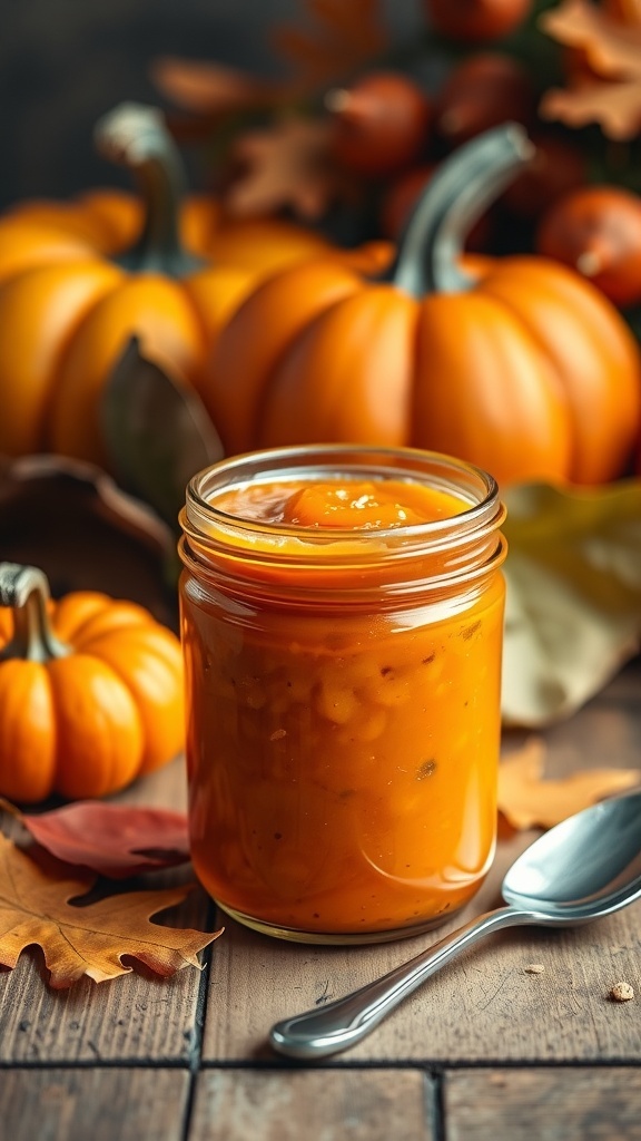 A jar of spiced pumpkin jam with a spoon, surrounded by pumpkins and autumn leaves.